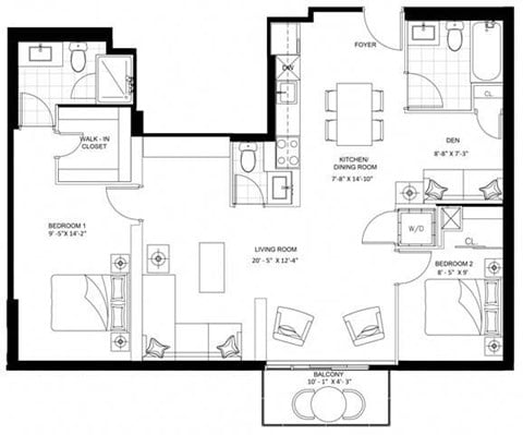 Floor plan for 2 beds, 2.5 baths, 1061 sqft